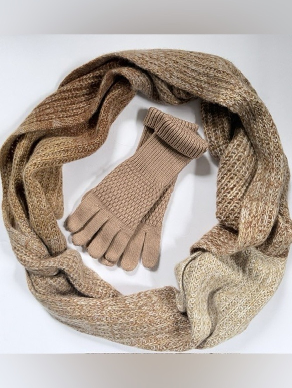 Halogen Infinity Scarf & Liz Claiborne Knit Gloves Neutral Winter Set